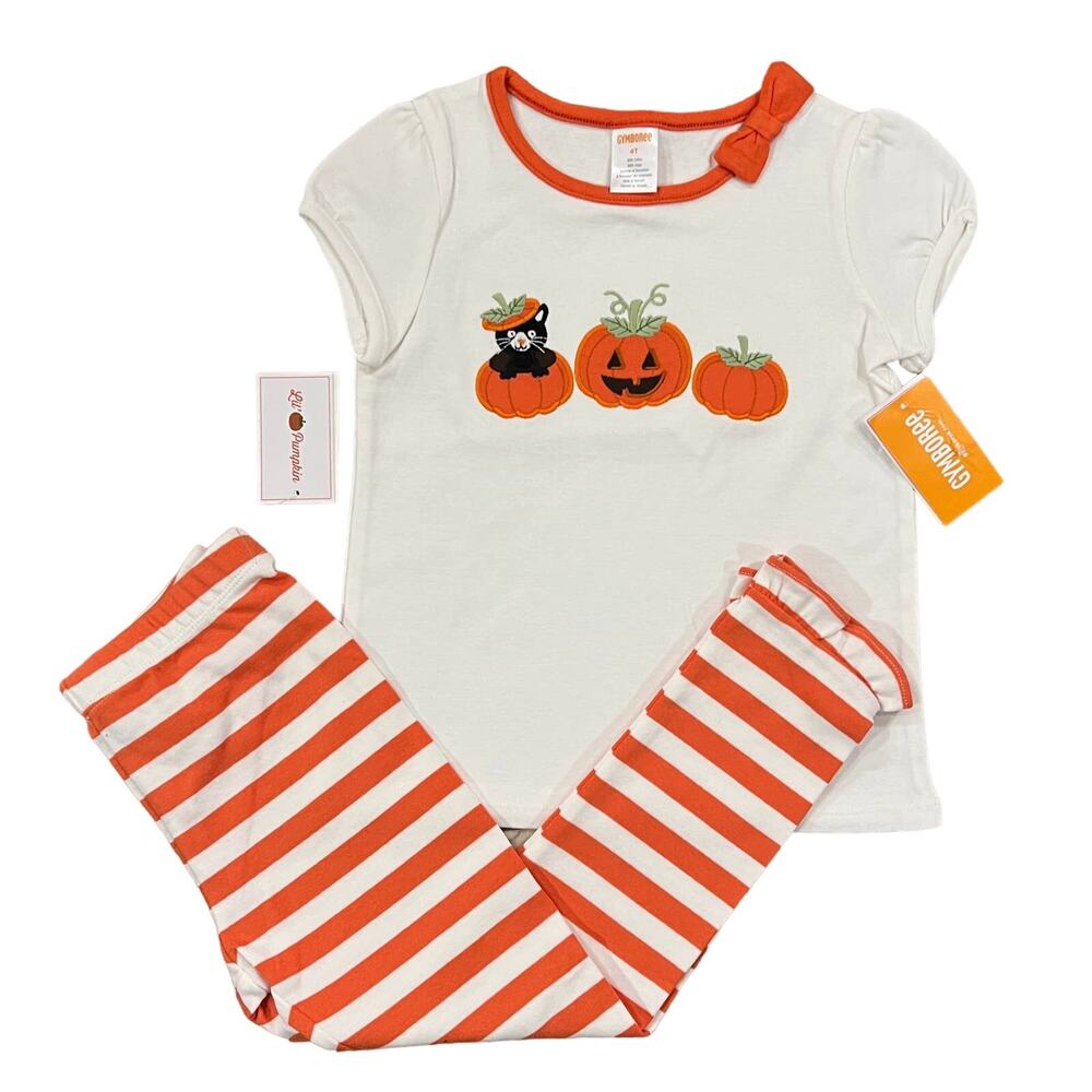 *NWT Gymboree Ivory & Orange Striped Leggings & Halloween Cat/Pumpkin Top